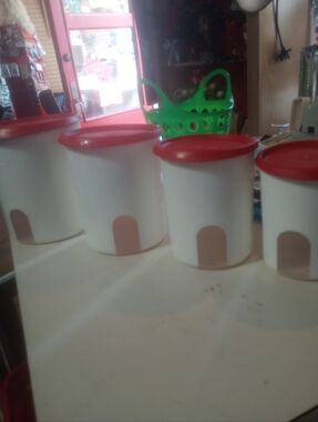 Tupperware White Canister Set with Red Lids and Front Scoop Windows